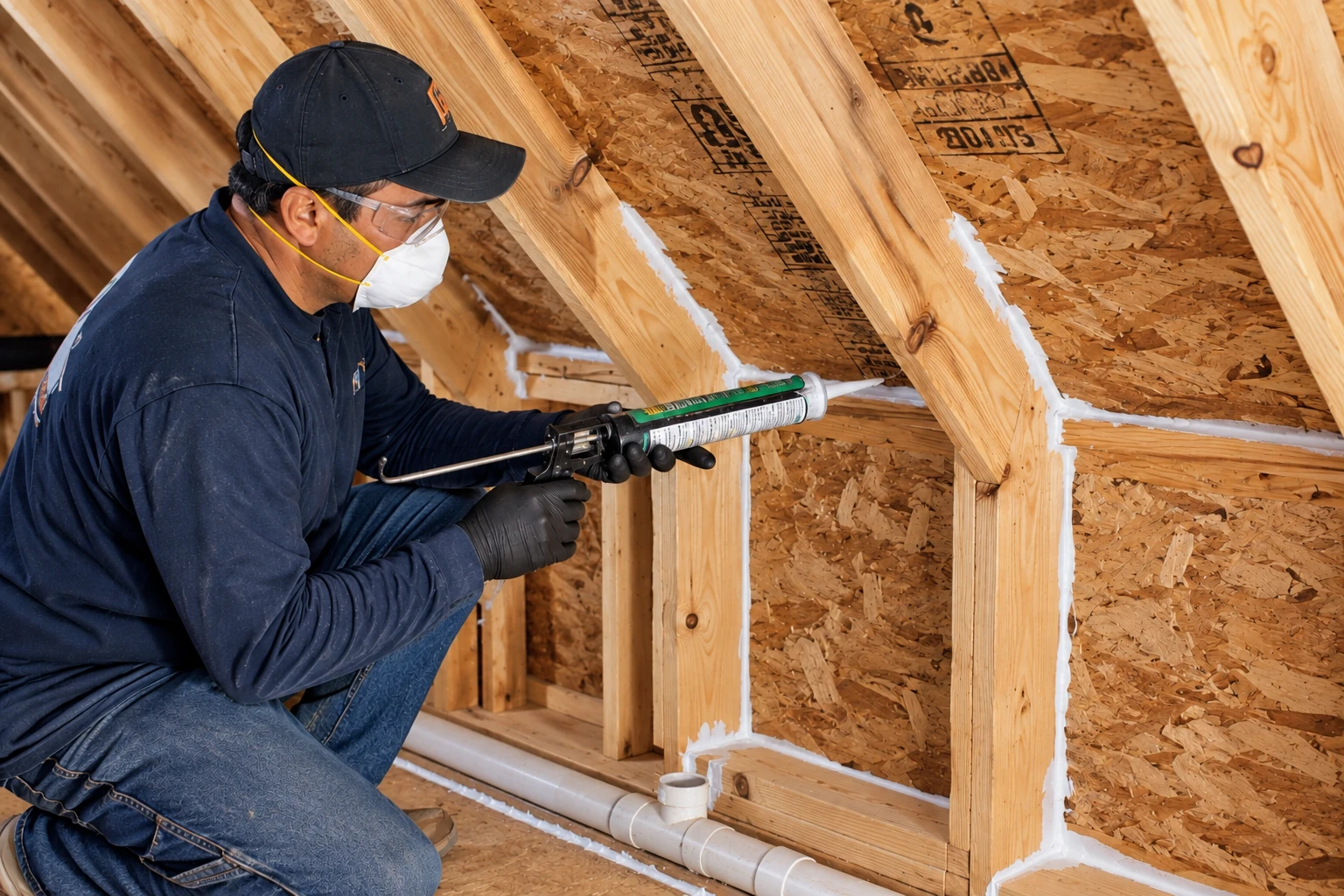 A worker in safety gear applies sealant along joints between exposed attic rafters using a caulking gun.