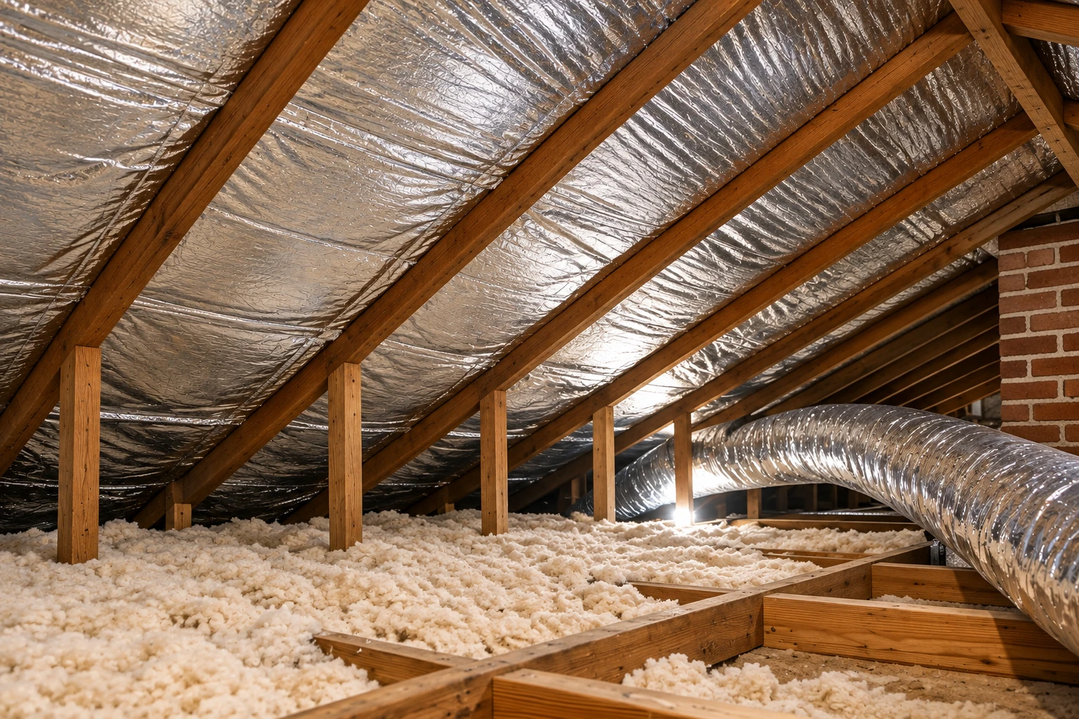 Attic air sealing with reflective foil lining the rafters above loose-fill insulation and a large flexible duct.