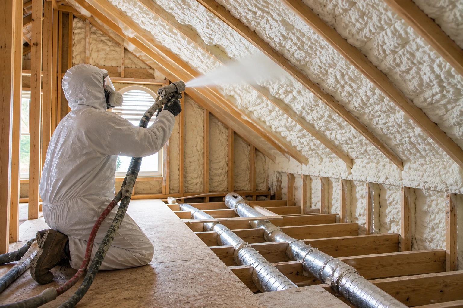 A worker in protective coveralls sprays foam onto an attic roof between exposed wooden rafters.