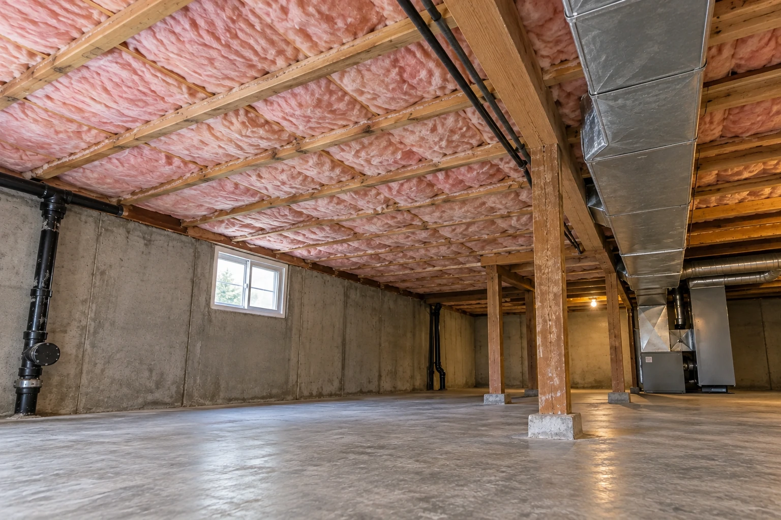 Pink fiberglass insulation fills the ceiling joists above an unfinished basement with concrete walls, support posts and ductwork.