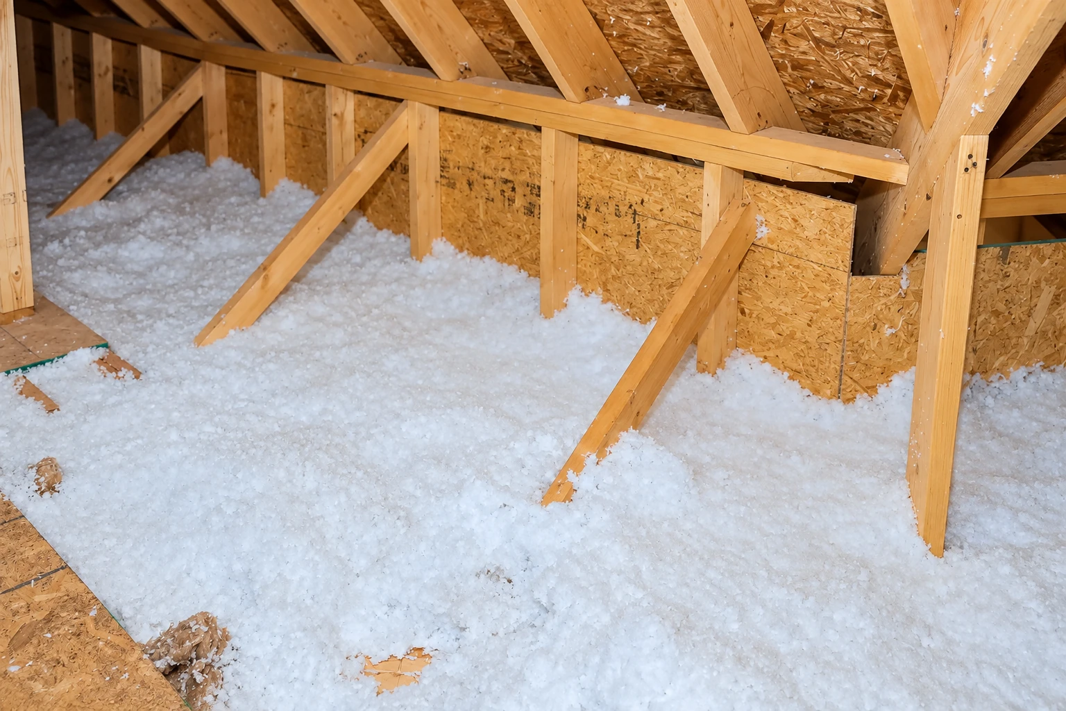Loose white blown-in insulation covers the floor beneath exposed wooden attic framing.