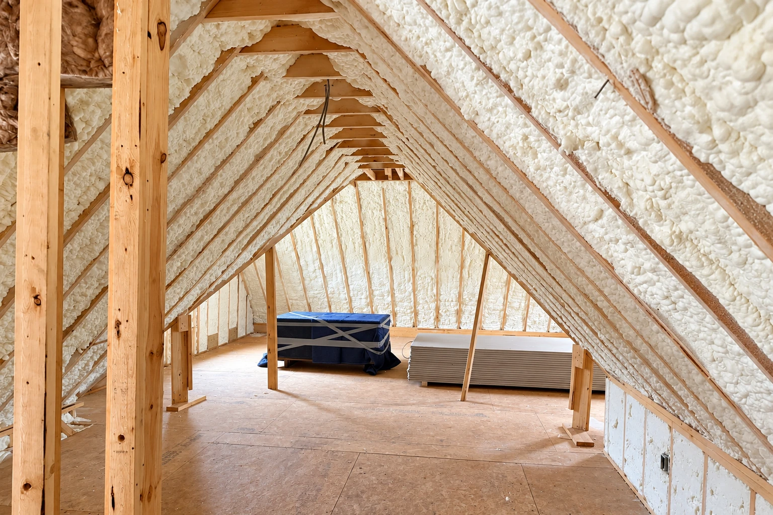 White spray foam covers the sloped rafters of an unfinished attic, with exposed wooden framing and stacked building materials on the floor.