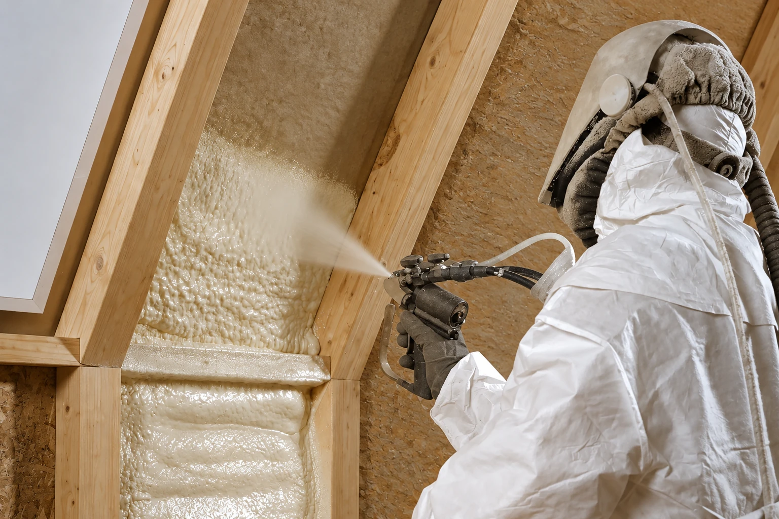 A worker in protective gear sprays foam insulation between wooden roof rafters.