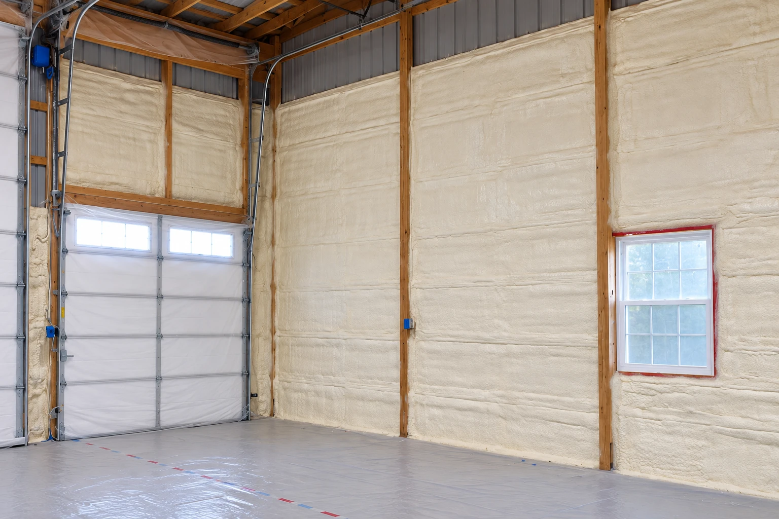 A large garage interior has cream-colored spray foam covering its walls between wooden studs.