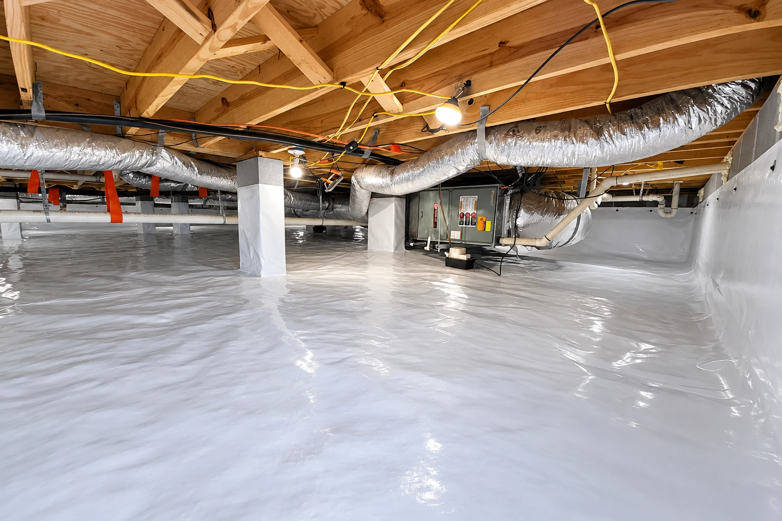 A crawl space has a white vapor barrier across the floor, with exposed joists, wrapped supports, and silver ducts overhead.
