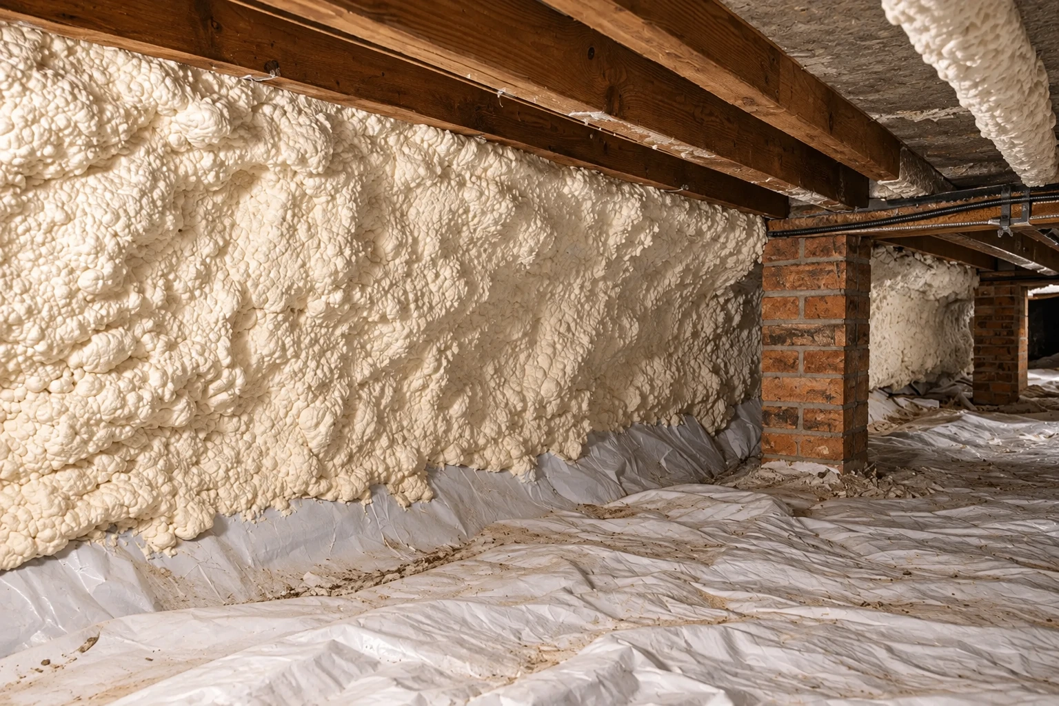 Spray foam coats a crawl space wall above plastic sheeting spread across the floor.