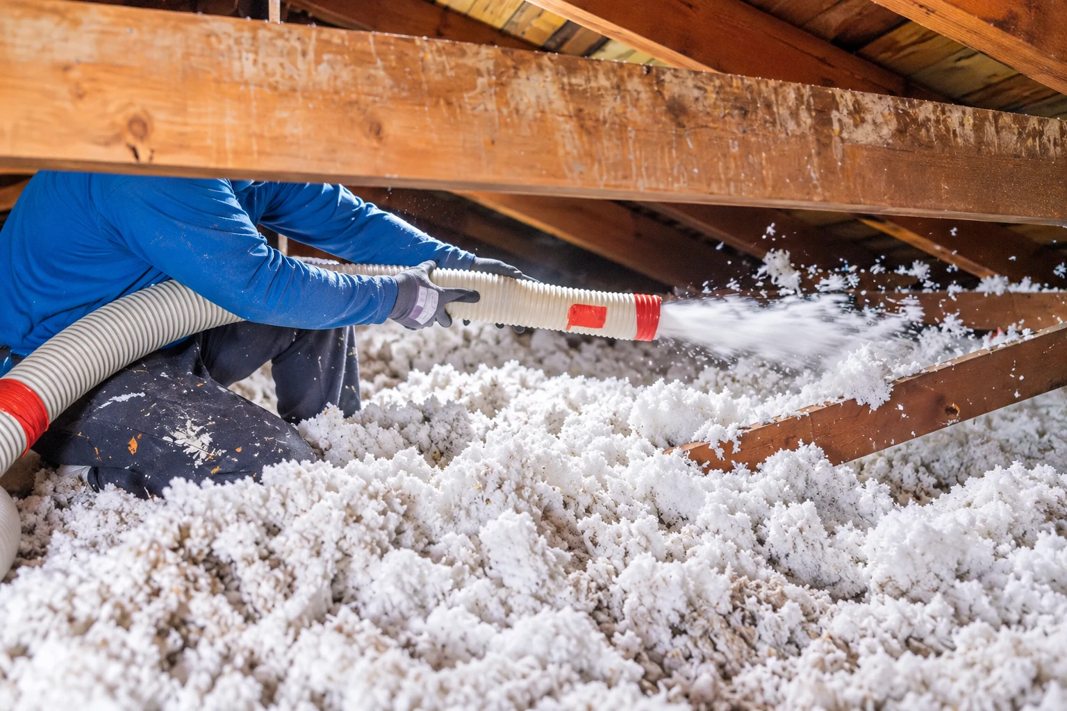 A worker spreads loose-fill insulation across an attic floor using a large hose.