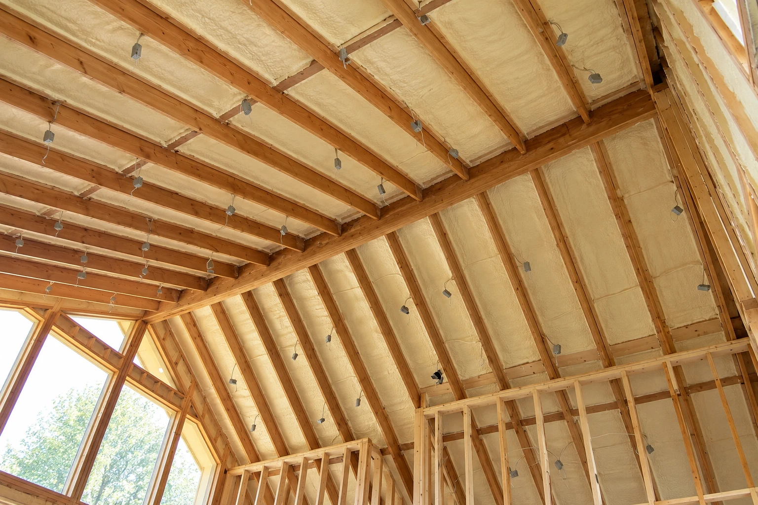 Open-cell foam fills the roof and wall cavities of a timber-framed room with large windows.