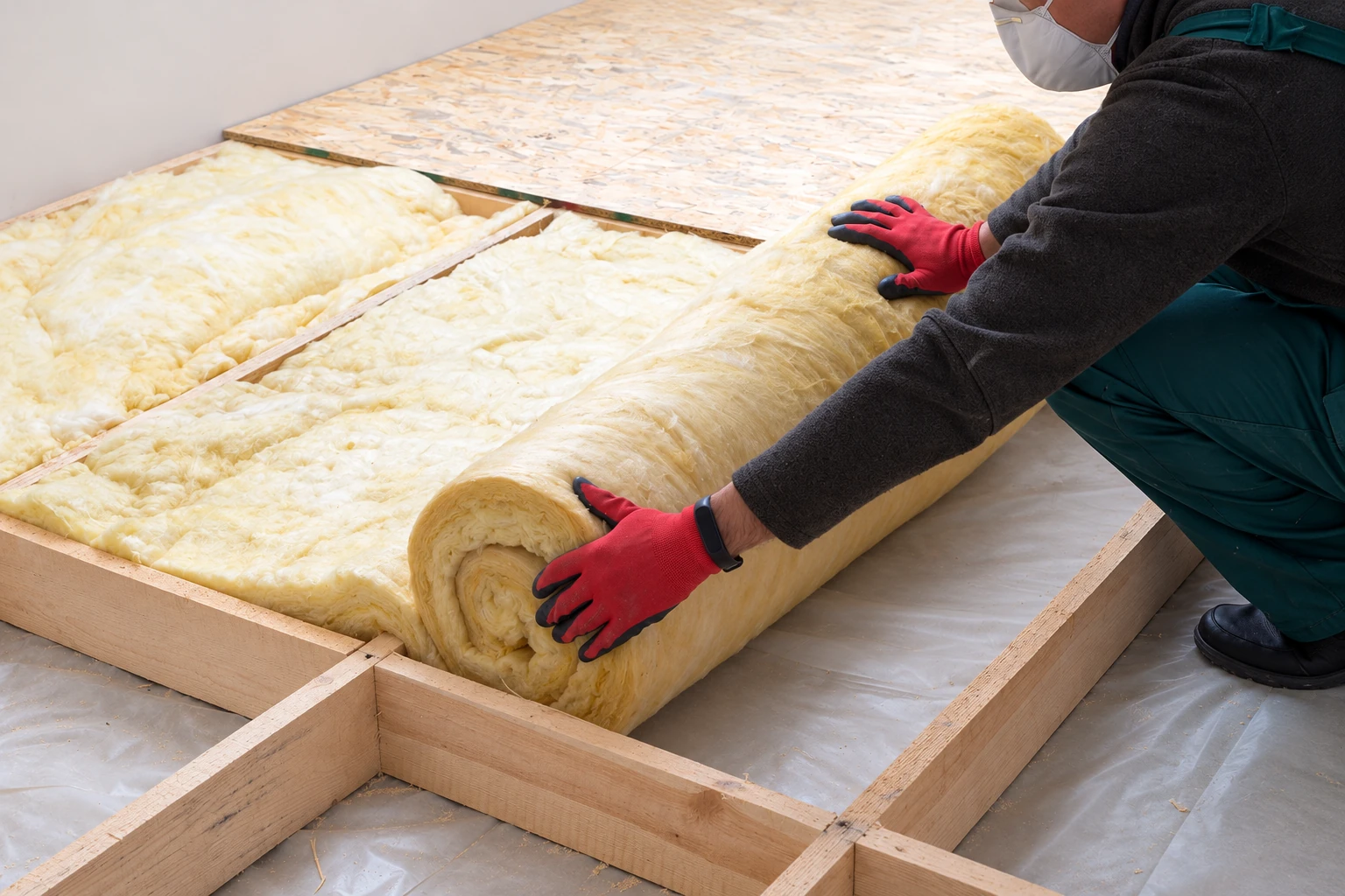 A worker in red gloves unrolls yellow fiberglass insulation between wooden floor joists.