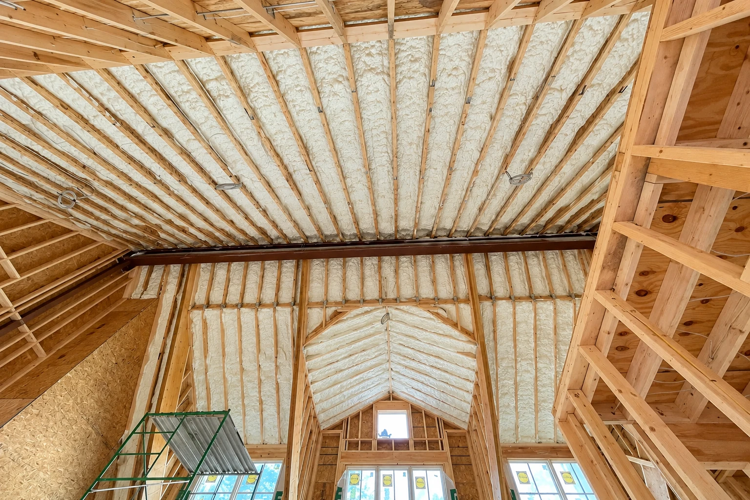 Spray foam insulation covers the underside of a vaulted roof between exposed wooden rafters.