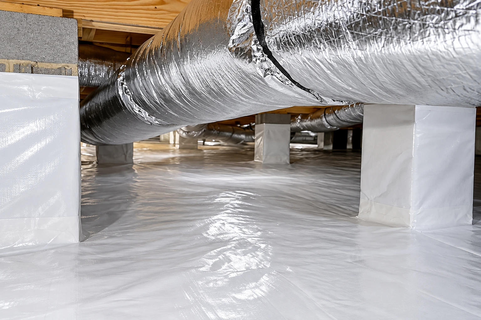 A crawl space floor and support columns are covered with white vapor barrier sheeting beneath large foil-wrapped ducts.