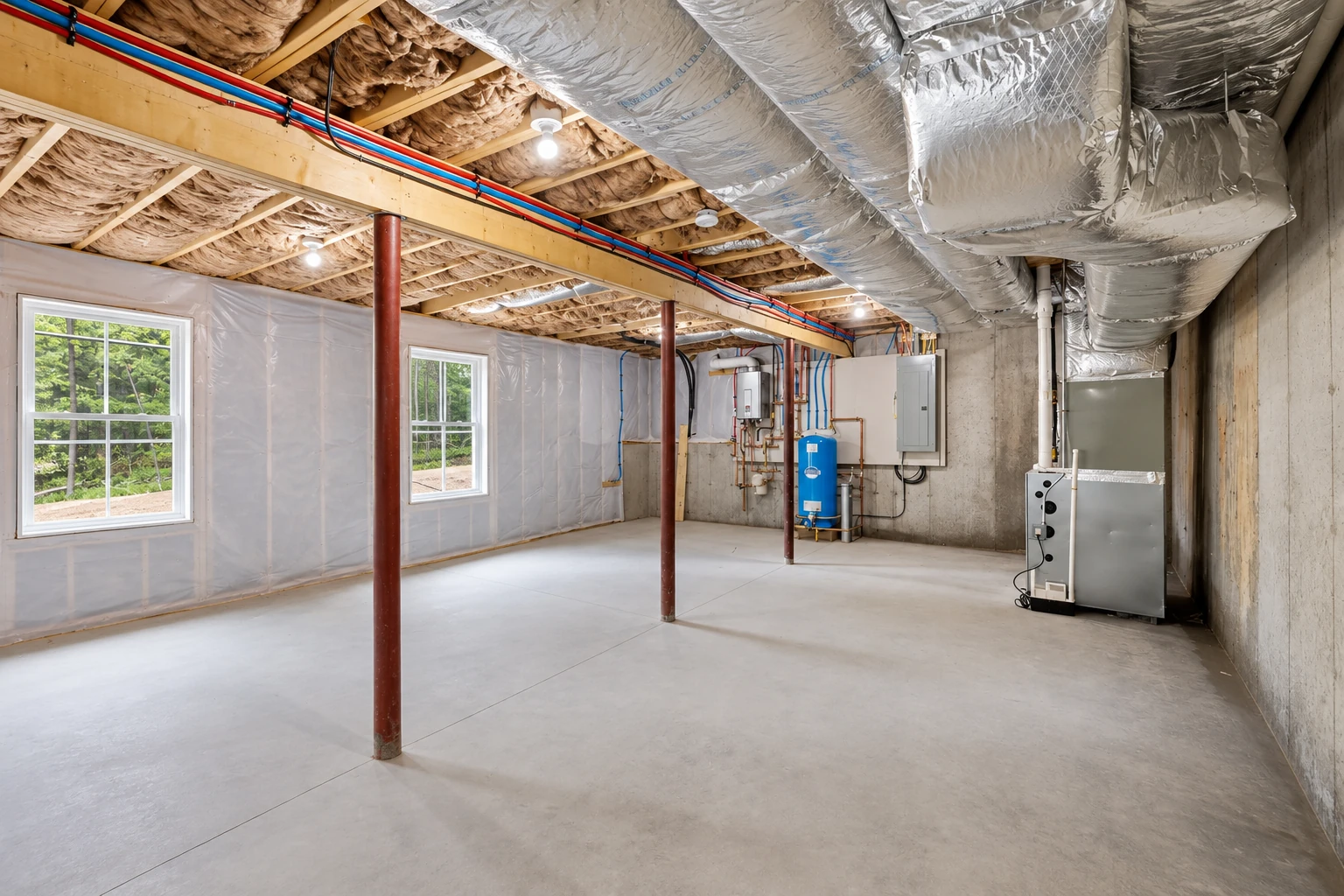 A basement with clear plastic vapor barrier over the walls, exposed ceiling insulation, and large silver air ducts.