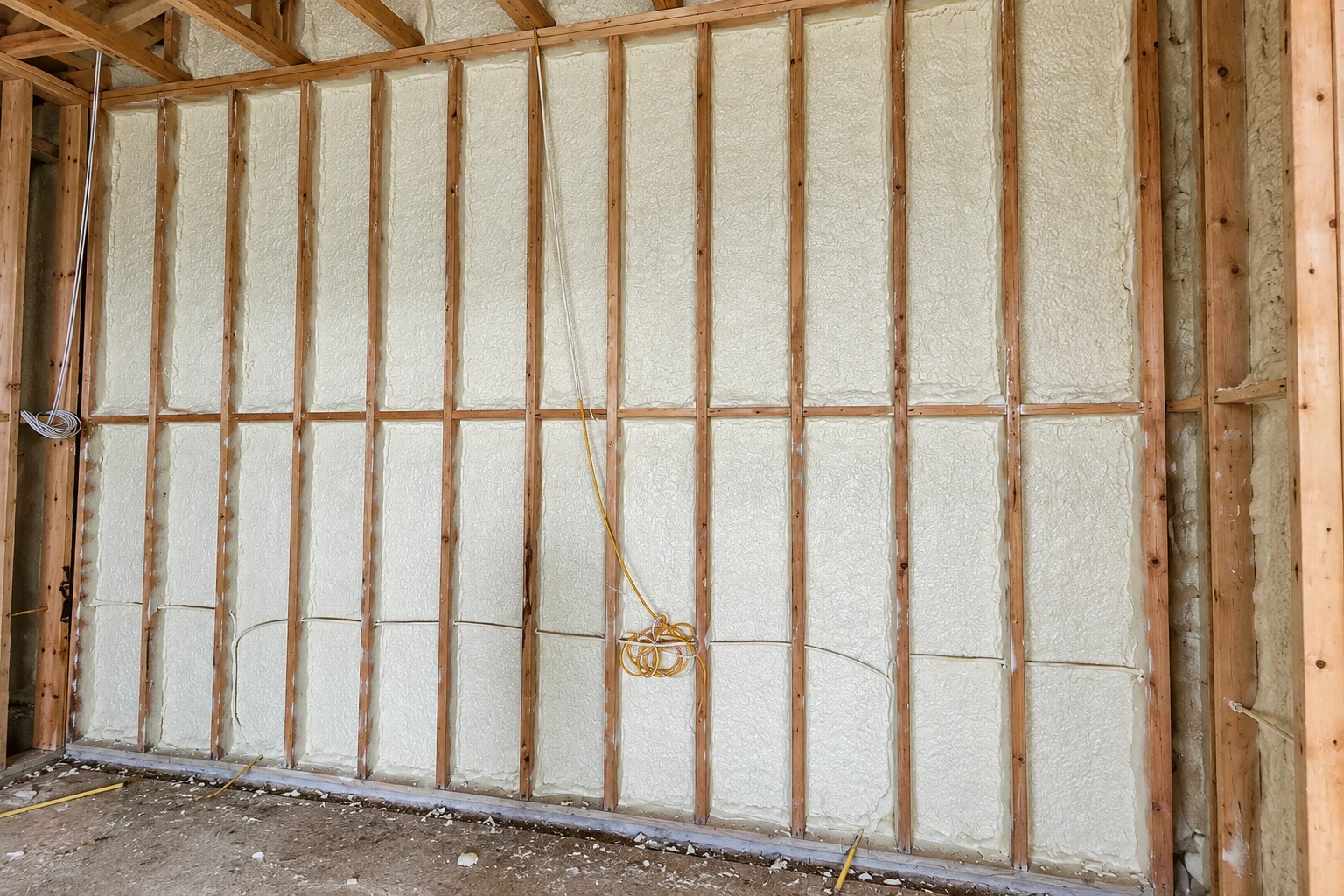 White foam fills the bays of an exposed wooden wall frame, with loose wires hanging near the unfinished floor.